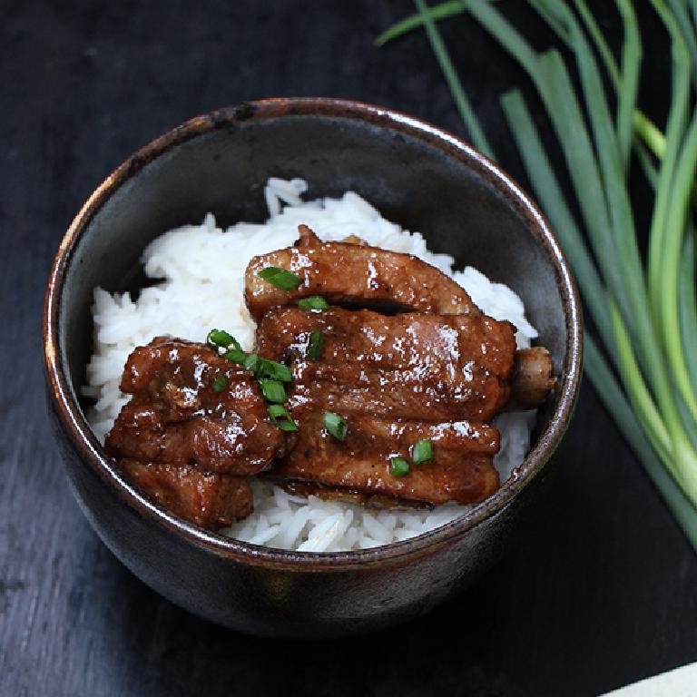 un bol chinois avec du riz au fond et des morceaux de porc hong shao par dessus